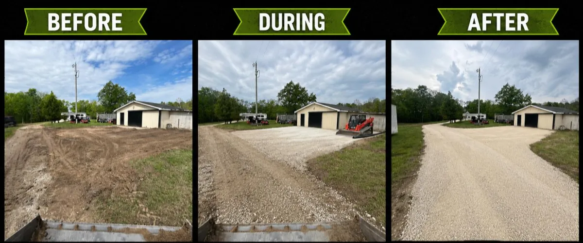 Before, during, and after grading and driveway improvement project by Albie Robinson Excavating in Waynesville, Ohio, showing a rough uneven area transformed into a clean gravel driveway and parking space for improved access and functionality.