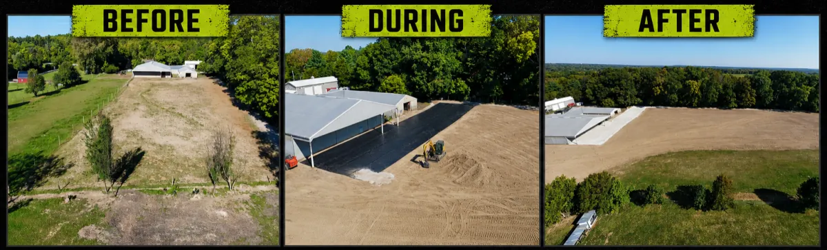Before, during, and after site preparation and pad development project by Albie Robinson Excavating, showing grading, land preparation, and property improvement work for a cleaner, more functional, and usable property area in Southwest Ohio.