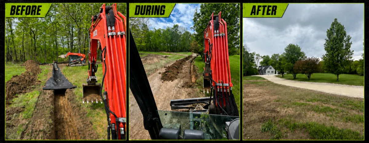 Before, during, and after trenching and driveway improvement project by Albie Robinson Excavating in Waynesville, Ohio, showing trench work, site grading, and gravel driveway improvements for better drainage, access, and long-term property functionality.