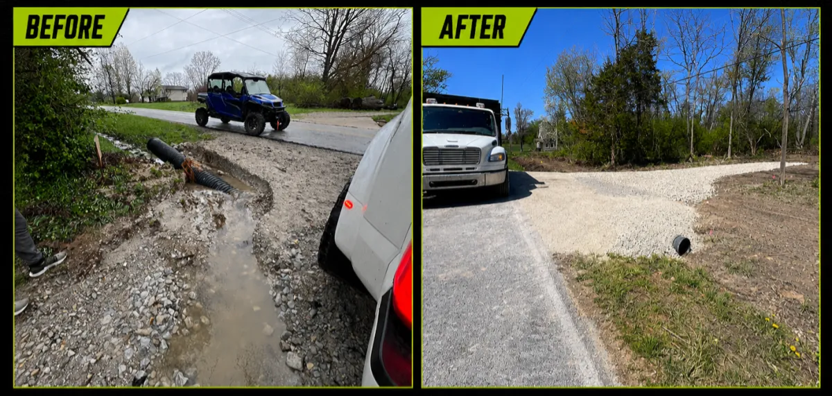 Before and after drainage and culvert improvement project by Albie Robinson Excavating in Waynesville, Ohio, showing roadside drainage repair, culvert installation, and a stone driveway transition for improved water flow and property access.