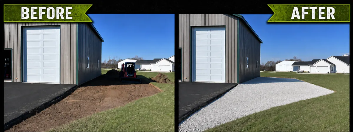 Before and after gravel pad extension by Albie Robinson Excavating in Waynesville, Ohio, showing a graded dirt area transformed into a clean stone surface to improve access, drainage, and usable space beside a building.