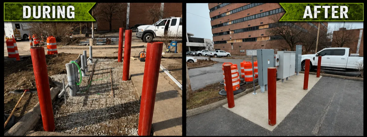 During and after utility pad installation by Albie Robinson Excavating, showing gravel base preparation, conduit layout, protective bollards, and a completed reinforced concrete equipment pad for a commercial site improvement project in Southwest Ohio.