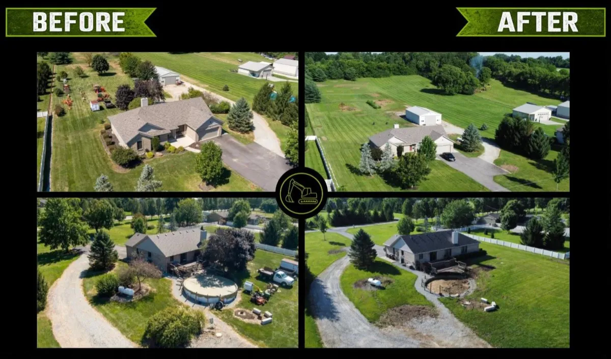 Before and after property transformation by Albie Robinson Excavating in Waynesville, Ohio, showing land clearing, grading, property cleanup, driveway access improvements, and improved usable space on a residential rural property.