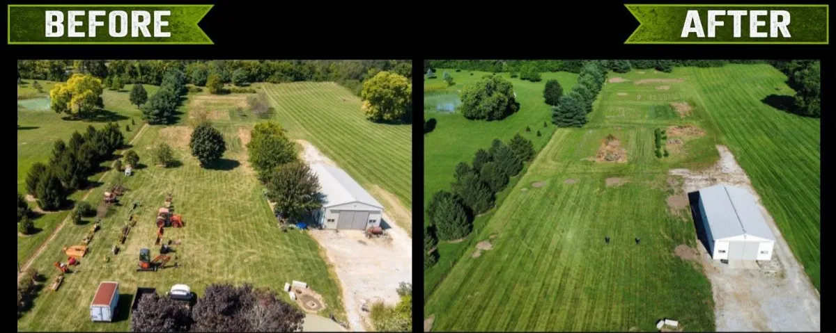 Before and after land clearing, site cleanup, and grading project by Albie Robinson Excavating in Waynesville, Ohio, showing reclaimed usable space, improved property flow, and cleaner site conditions.