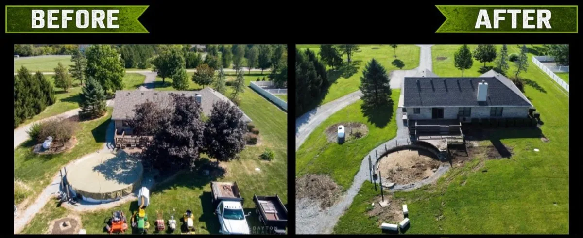Before and after property cleanup and land clearing project by Albie Robinson Excavating in Waynesville, Ohio, showing improved access, cleaner site conditions, better usable land, and enhanced residential property appearance.