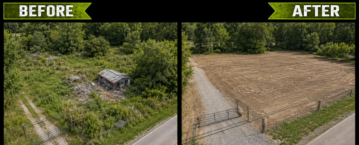 Before and after wooded gravel driveway project by Albie Robinson Excavating in Waynesville, Ohio, showing a cleared and graded driveway entrance transformed with gravel for improved property access through a wooded area.