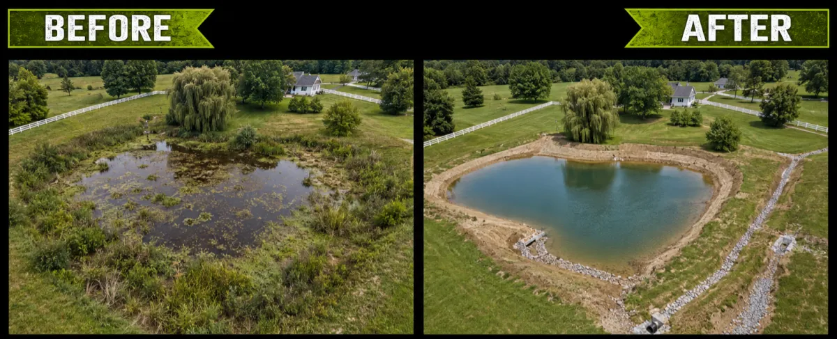 Before and after pond excavation and restoration project by Albie Robinson Excavating showing an overgrown pond cleaned out, reshaped, restored, and improved with drainage solutions in Waynesville, Ohio. Before and after pond excavation and restoration graphic showing a neglected, overgrown pond transformed into a cleaner, more functional pond with improved grading, drainage, shoreline shaping, and water flow. Albie Robinson Excavating, LLC provides pond clean-outs, pond restoration, drainage solutions, water mitigation, land clearing, and rural excavation services throughout Waynesville, Warren County, and Southwest Ohio.