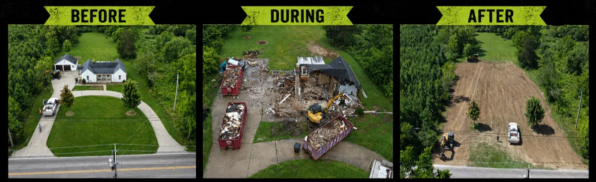 Before during and after land clearing and demolition project by Albie Robinson Excavating in Waynesville Ohio showing the full property transformation. This before, during, and after project image shows Albie Robinson Excavating removing an existing structure, clearing debris, and preparing the property for a clean and usable next phase.