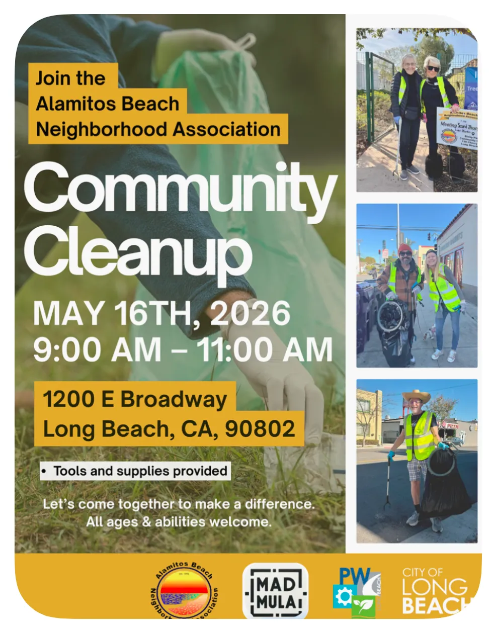 Volunteers cleaning trash from Alamitos Beach shoreline