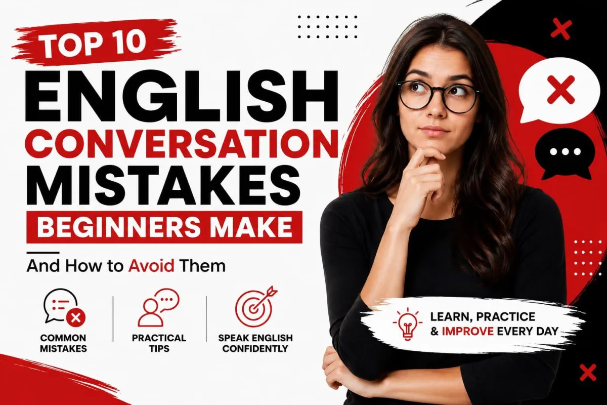 Educational banner about common English speaking mistakes, English communication skills, and spoken English improvement.