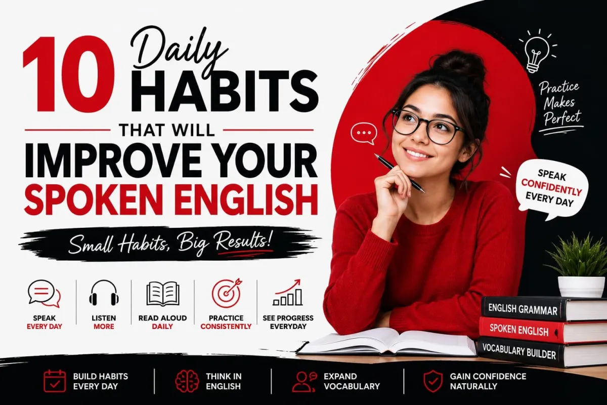 Educational banner about 10 daily habits to improve spoken English, English fluency, and communication skills.