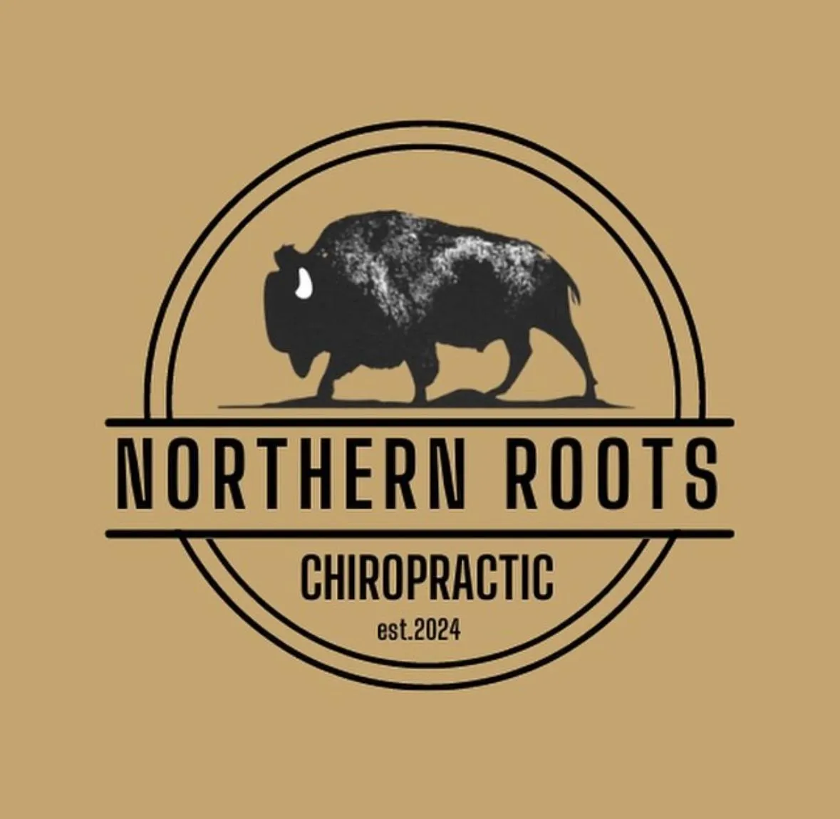 Northern Roots Chiropractic logo featuring a silhouette of a bison, established 2024, on a beige background.