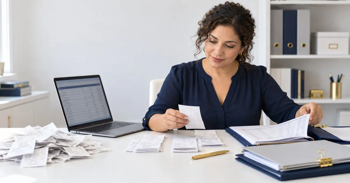 Business owner sorting receipts and records at her desk