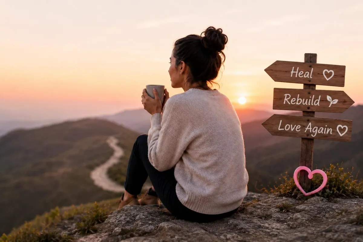 Woman reflecting on life after divorce at sunrise with inspirational signs reading heal, rebuild, and love again for My Next Great Love relationship recovery article.