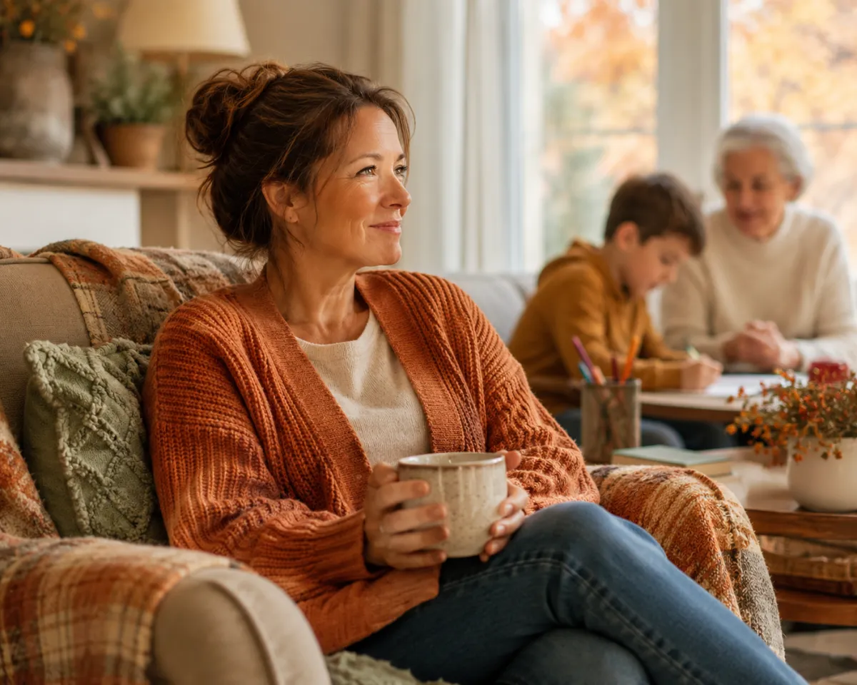 Woman in the sandwich generation taking a quiet moment with a warm drink while balancing family responsibilities in a cozy autumn home.