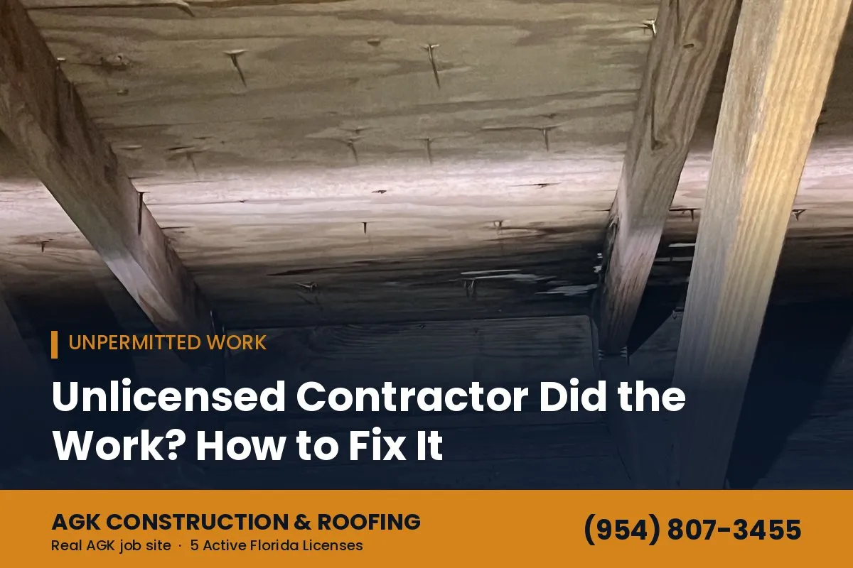 Water-stained roof decking in an attic after a faulty roof job