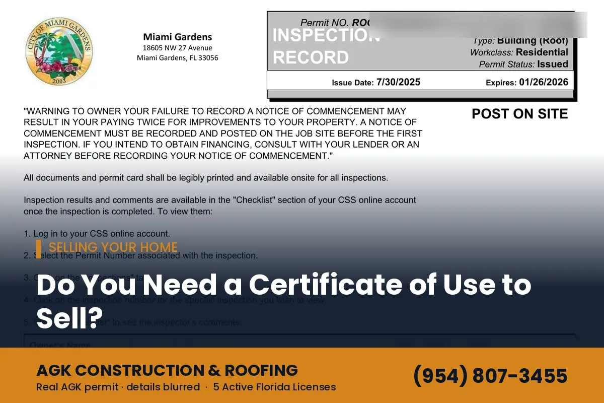 City of Miami Gardens permit inspection record for a roof replacement by AGK