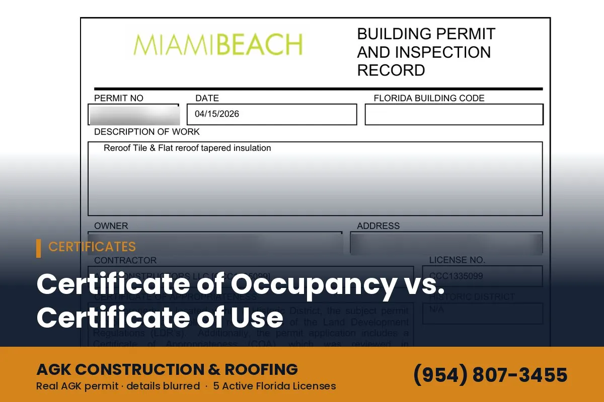 City of Miami Beach building permit and inspection record for an AGK reroof