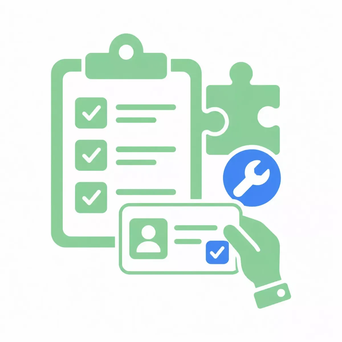 Checklist clipboard with a candidate ID card, puzzle piece, and wrench tool icon representing practical hiring exercises