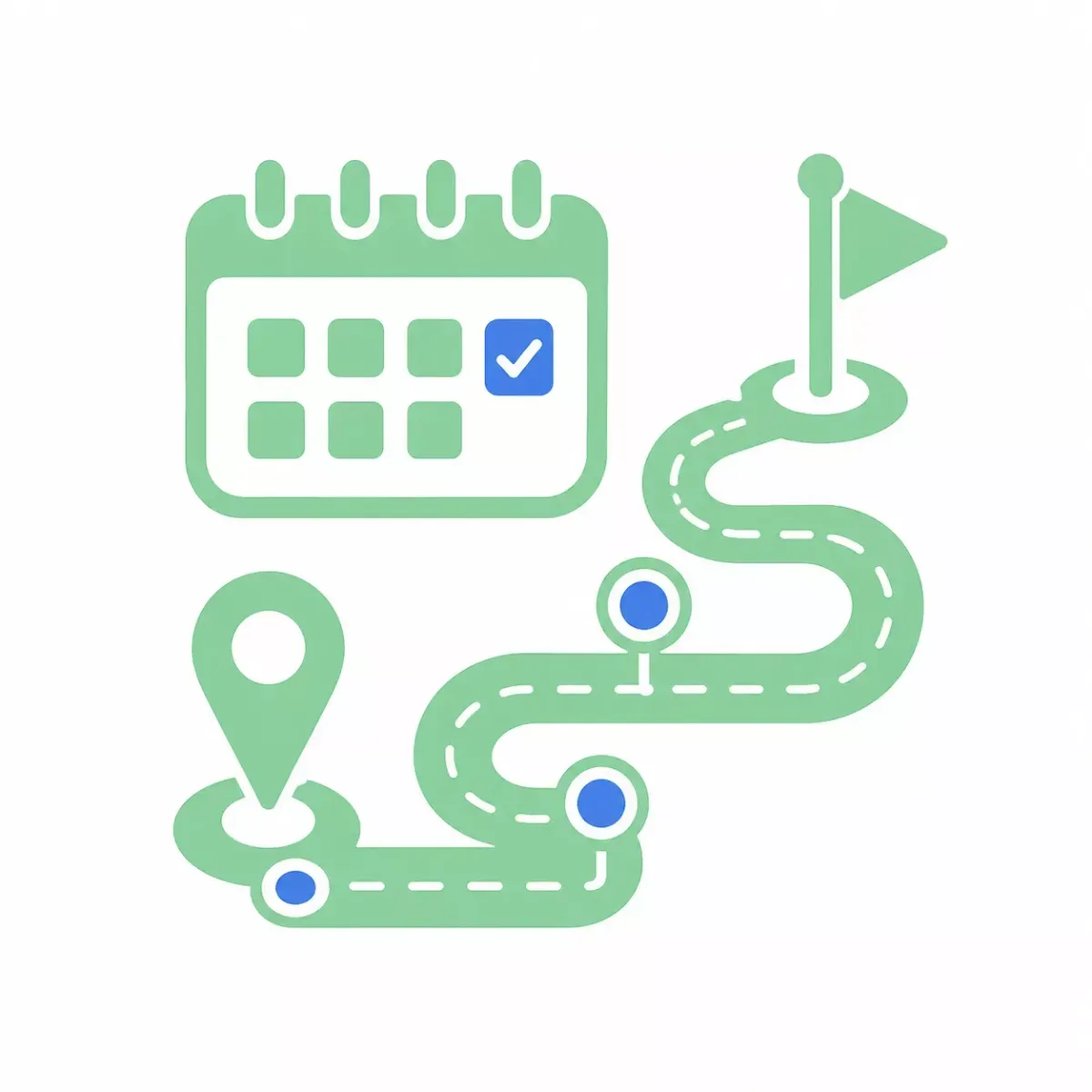 A winding road map with calendar, location pins, and a goal flag representing a clear step-by-step hiring roadmap