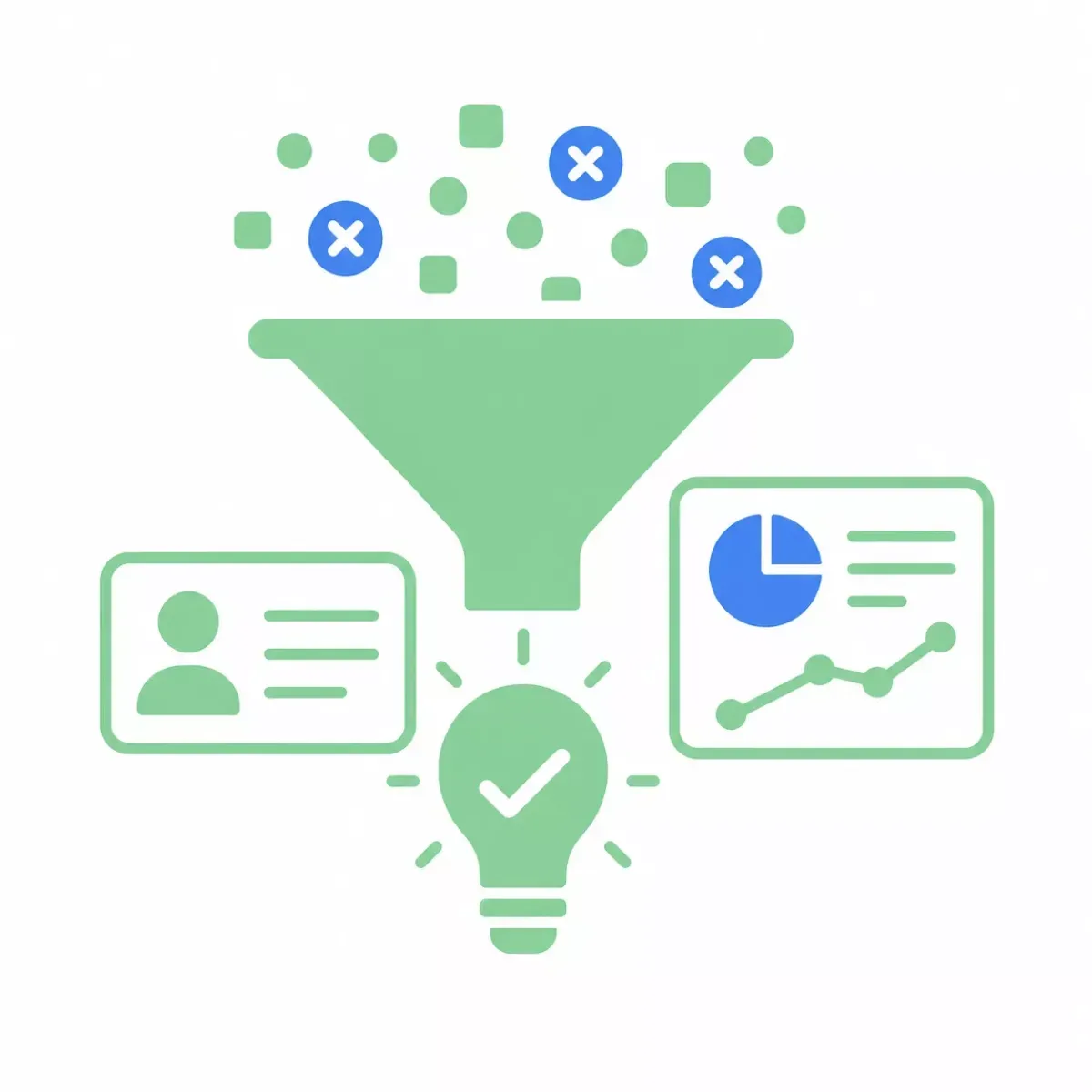 Recruitment funnel filtering candidates with a lightbulb, candidate profile, and data chart representing smarter hiring insights