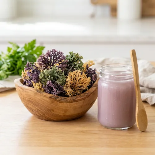 image of raw sea moss of various varieties and a jar with pre-made sea moss