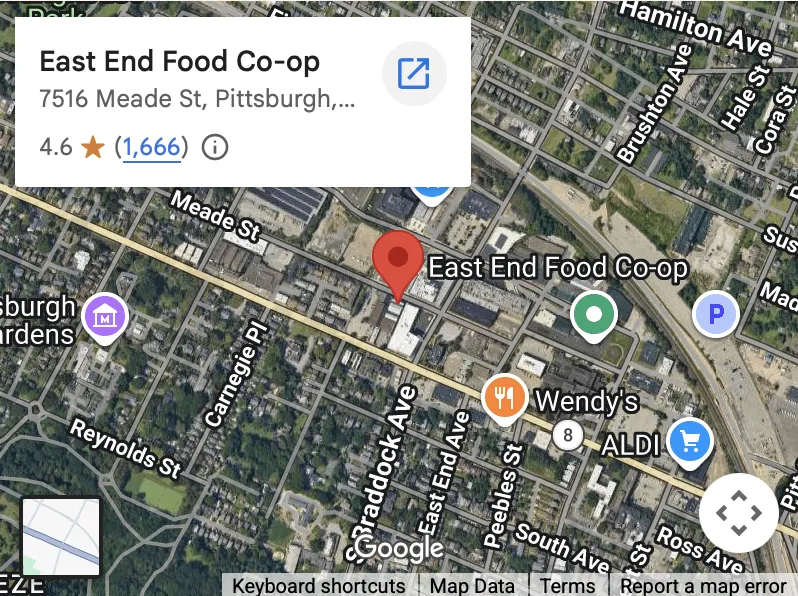 A static image of the East End Food Co-op Google Map