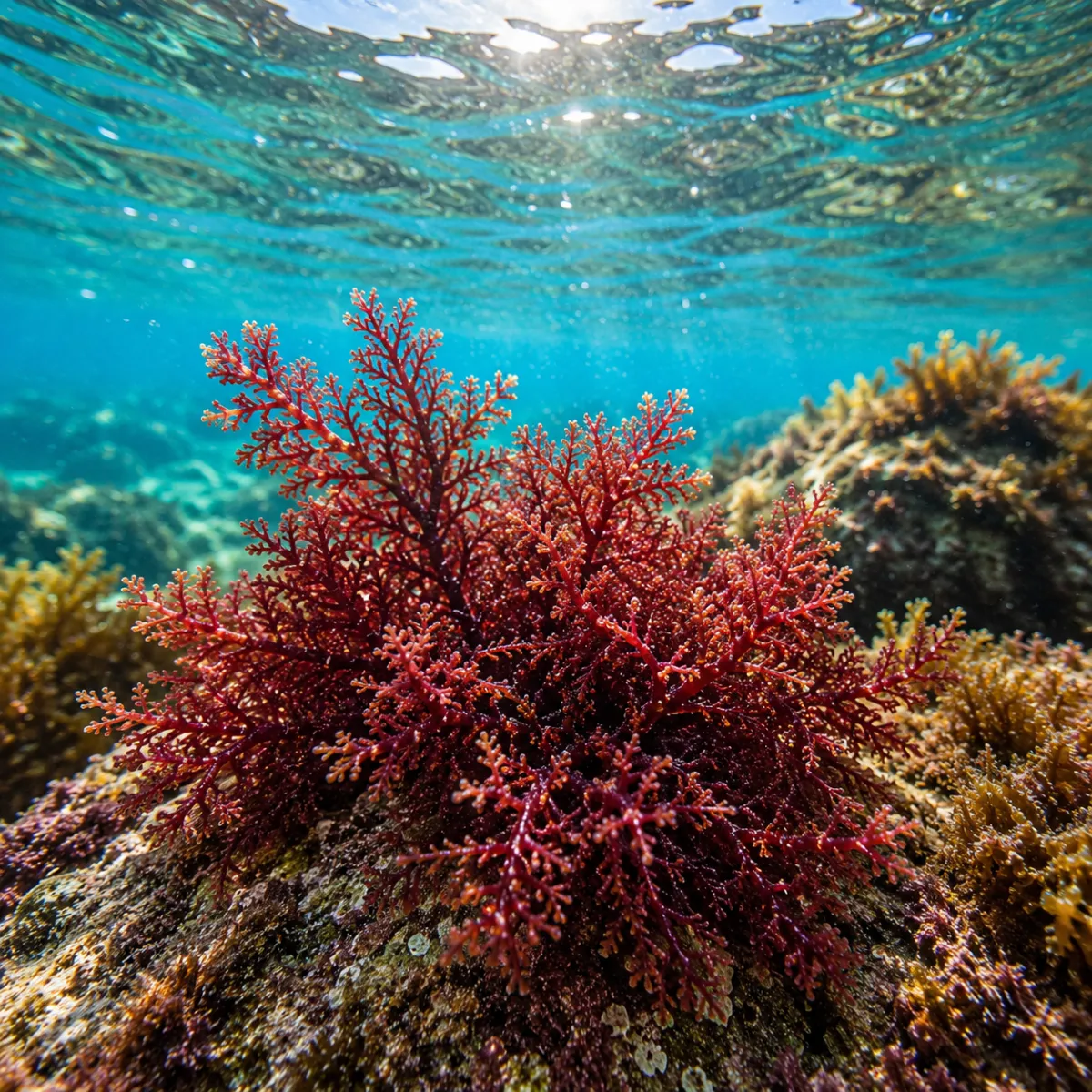 Red algae sea moss growing from ocean floor