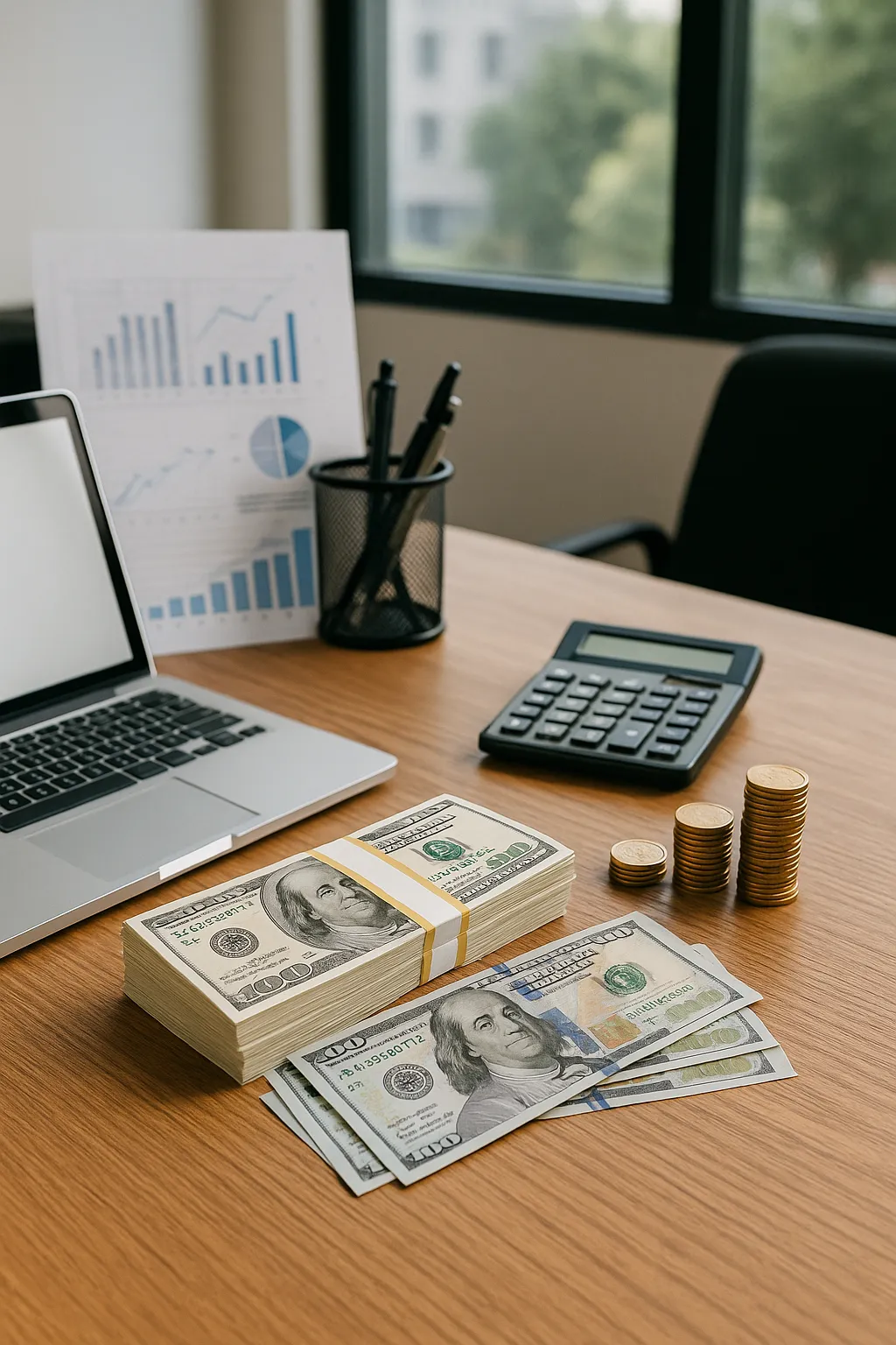 a stack of one hundred dollar bills sitting on top of a table