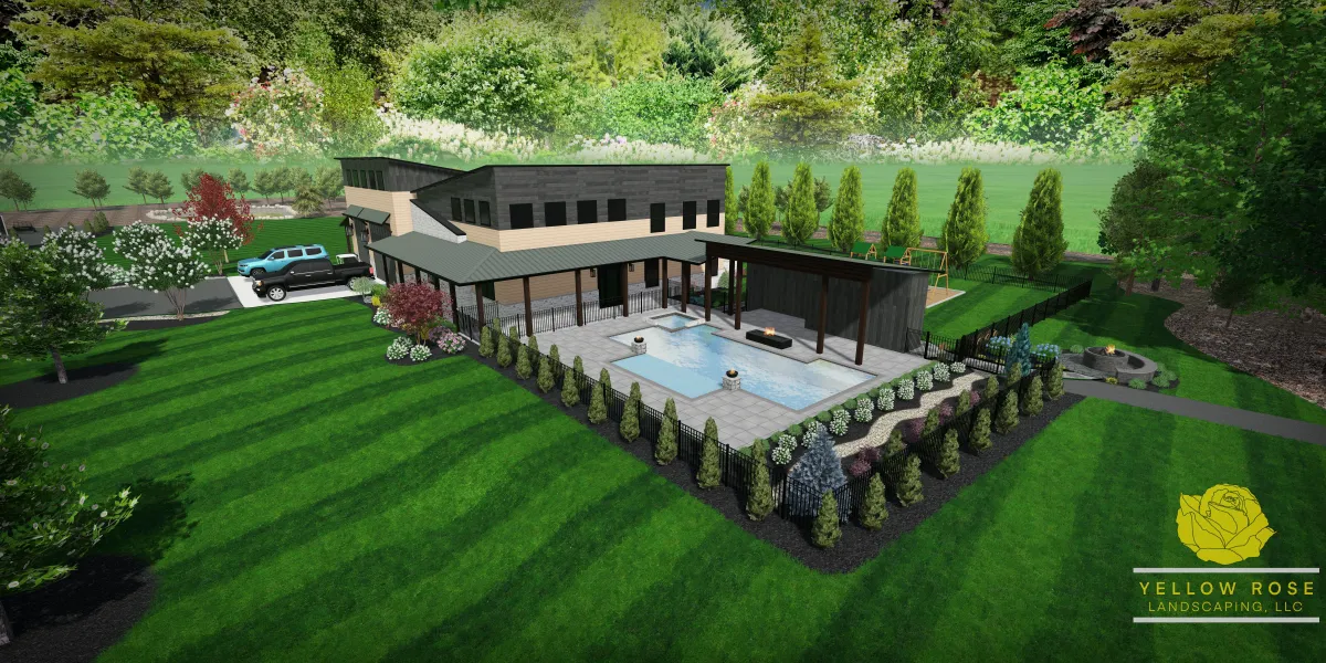 A 3d rendering of a home with a pool and expansive green space