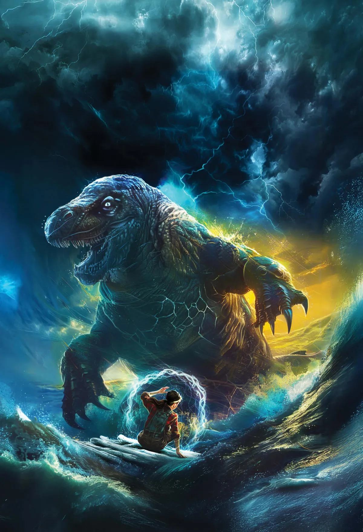 Cover art for book one with tempestuous clouds above a K'Tenos beast rising out of the sea with a boy on a makeshift raft cowering before it, a protective aura surrounding him.