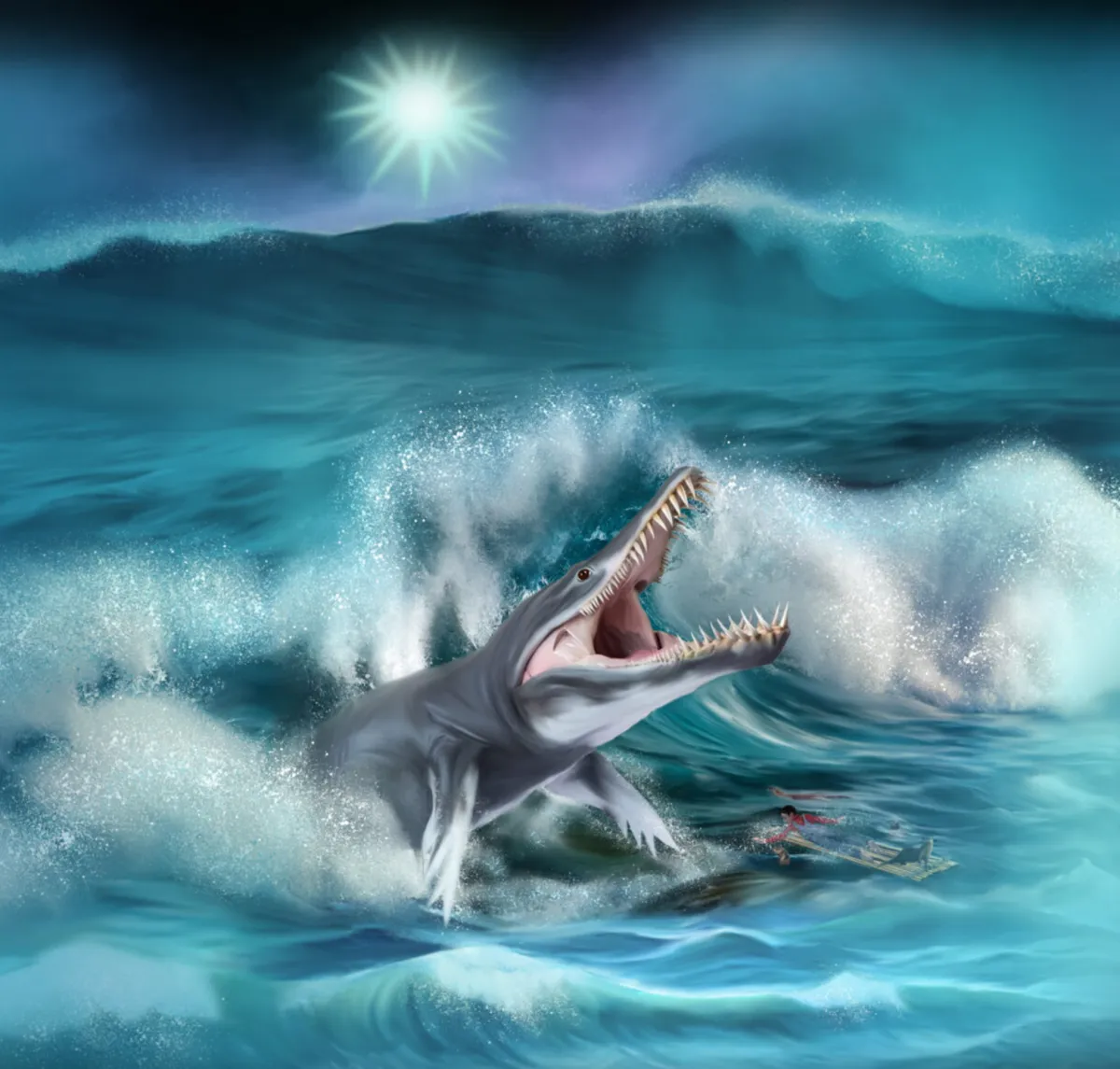 Drawing of storm tidal waves frothing and exposing a K'Tenos monster like a prehistoric whale meets crocodile with jaws wide and full of sharp teeth with a boy who appears tiny along with an otter stranded on a raft before the K'Tenos' waiting jaws.