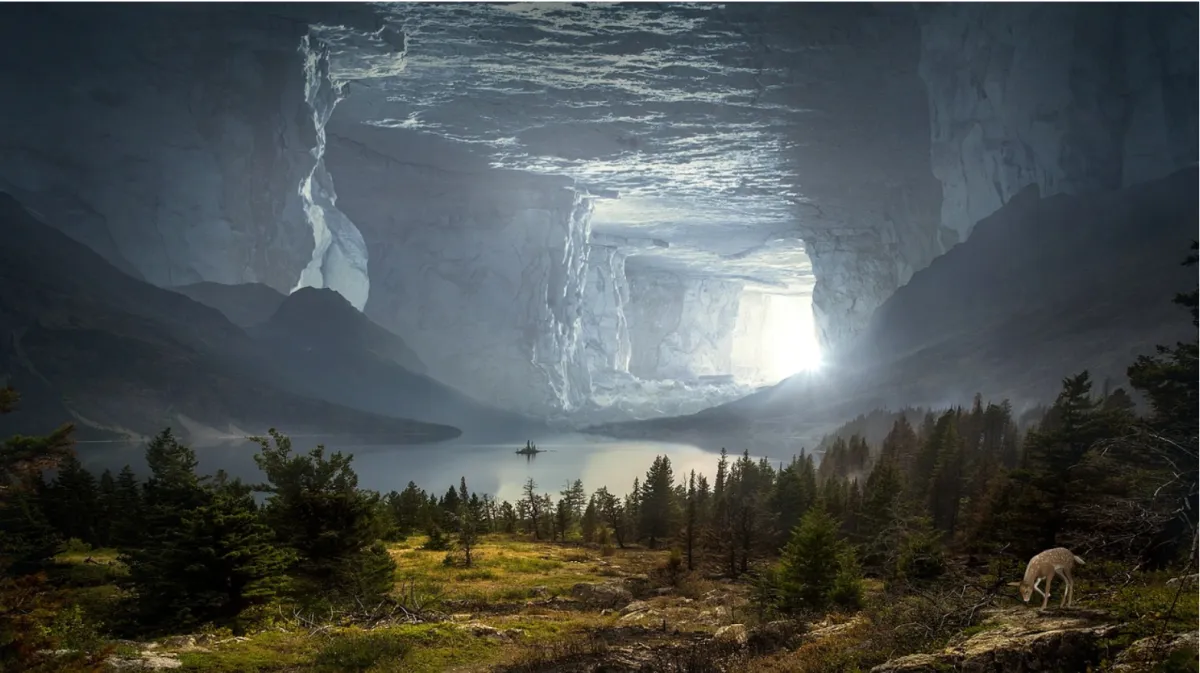 The Gates of Kathareon, an ethereal image with forest land in the foreground including a deer grazing and stretching into a lae and pool under shadows of seemingly a massive cave with a cavernous mouth beckoning with bright light in the distance