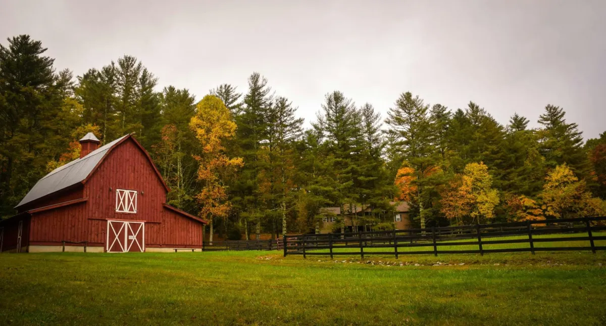 Classic red barn of Elydia tucked into the corner of Elydia's barn green pastureland with woodlands rising behind