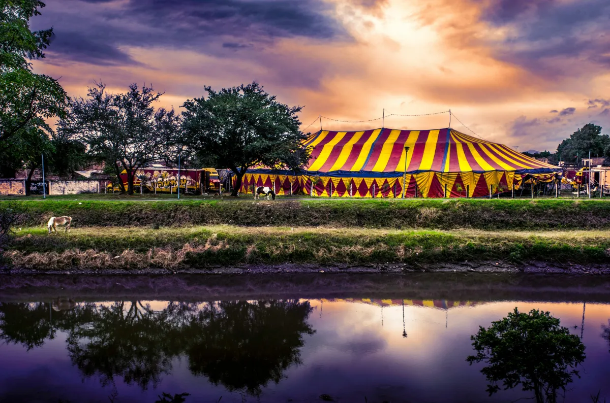 From across a placid lake shows the vibrant reflection of the Contra-Fair with its massive circus tent sprawling striped yellow and red, disrupting the natural green grass and trees