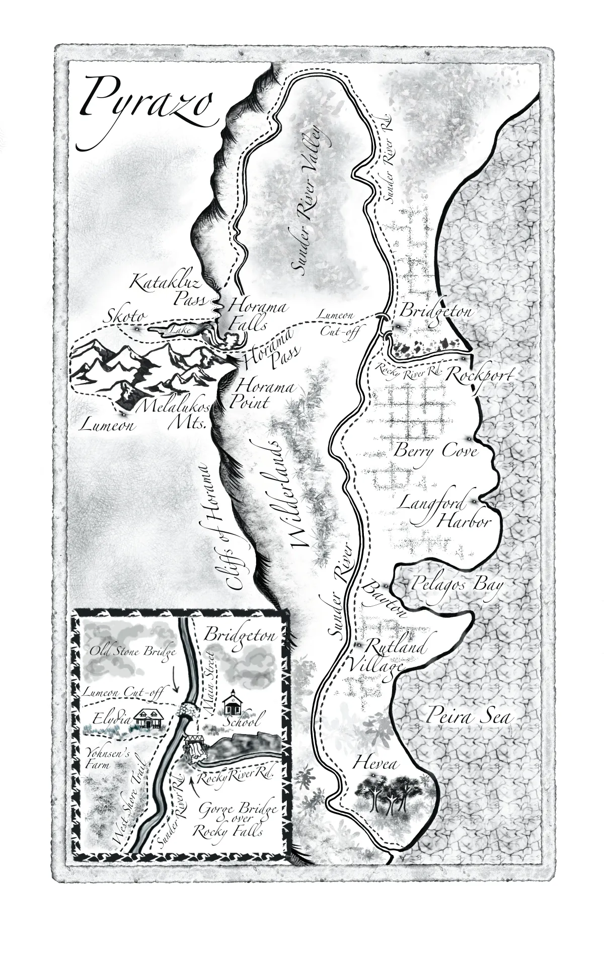 A black-and-white map of Pyrazo detailing the rivers, waters, and towns with a close-up in the bottom, lefthand corner of where Elydia farm resides to the west of two bridges, and the town of Bridgeton with its school