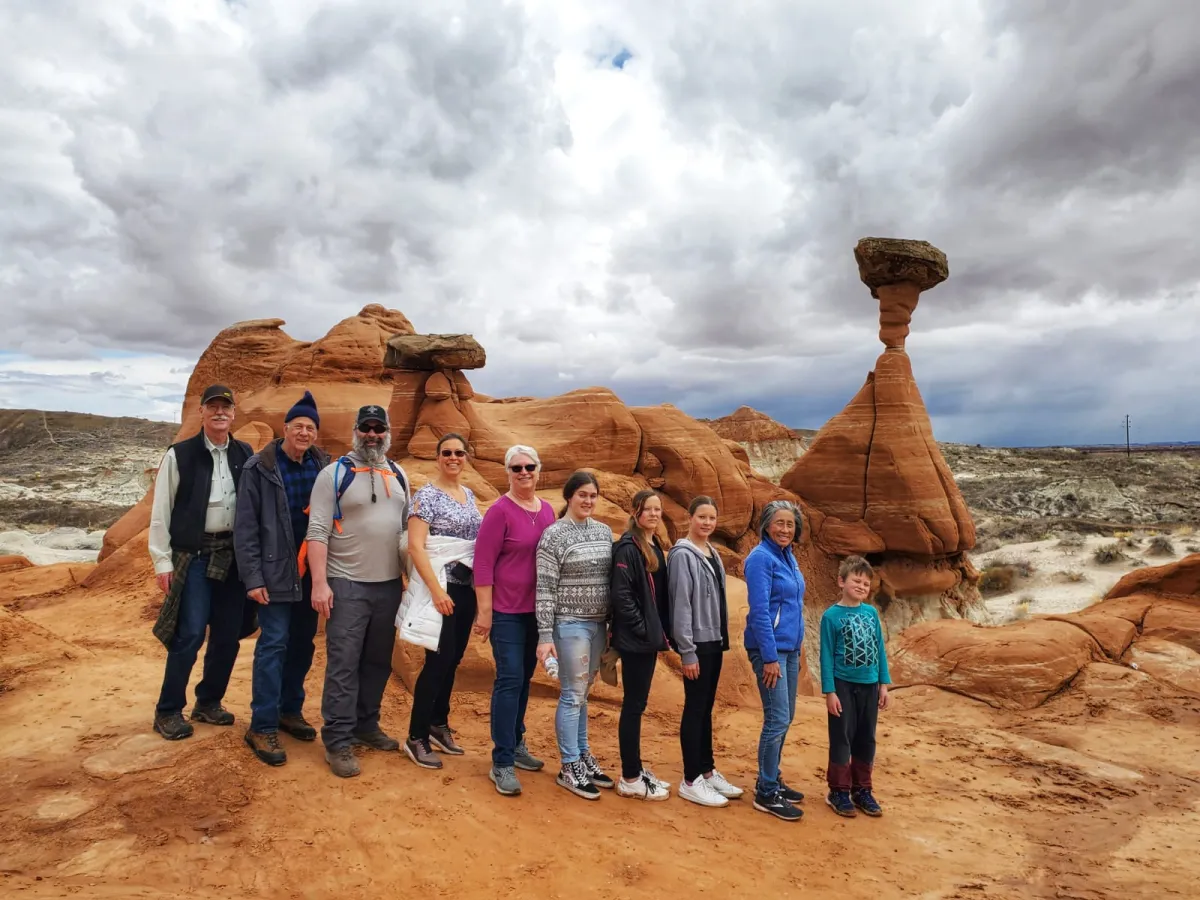 C. S. Fitzpatrick in line with her extended family family at the Toadstools Hike at Paige, AZ