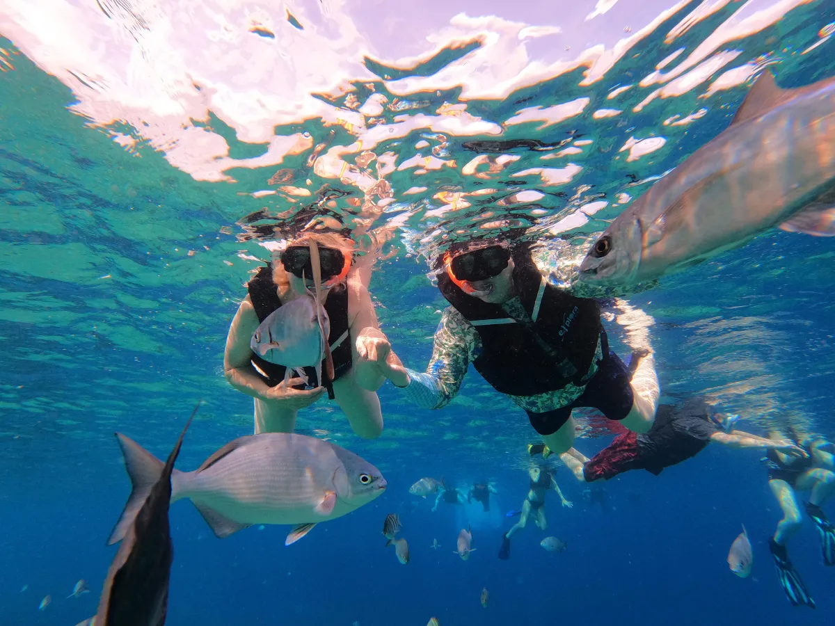 C. S Fitzpatrick snorkeling with her sister in Honduras in crystal clear water with fish all around