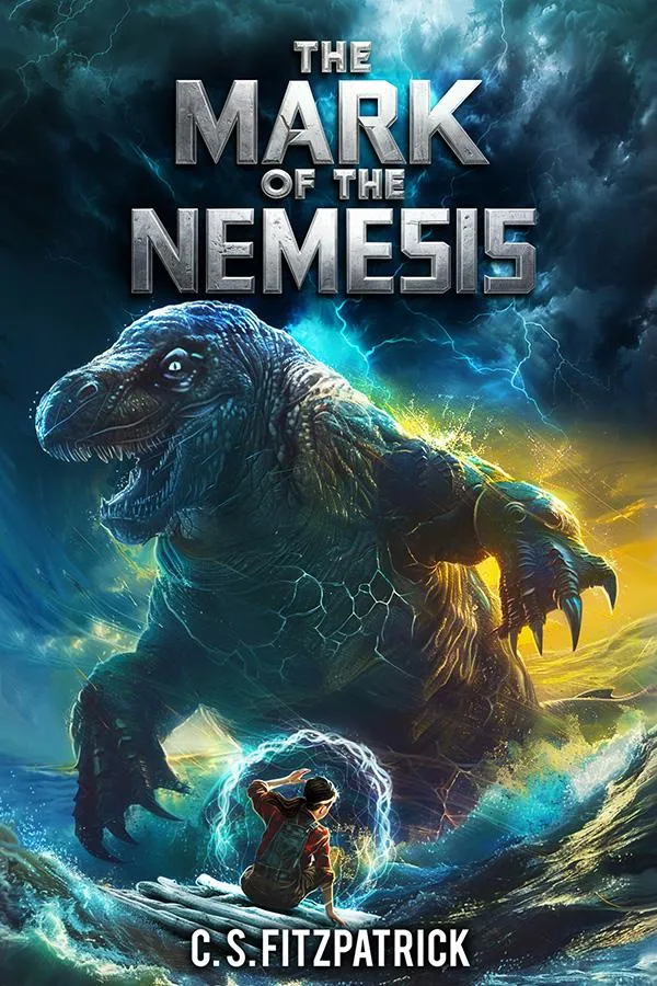 Cover for book one with title "Mark of the Nemesis" stony and cold hanging in tempestuous clouds above a K'Tenos beast rising out of the sea with a boy on a makeshift raft cowering before it, a protective aura surrounding him.