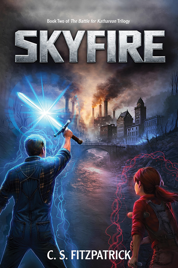 Cover for book one with title "Skyfire" stony and cold hanging above a man with glowing blue sword held ain tempestuous clouds above a K'Tenos beast rising out of the sea with a boy on a makeshift raft cowering before it, a protective aura surrounding him and a blue aura wearing overalls standing one one side of a river with a boy with a red aura also staring towards a smoggy town.