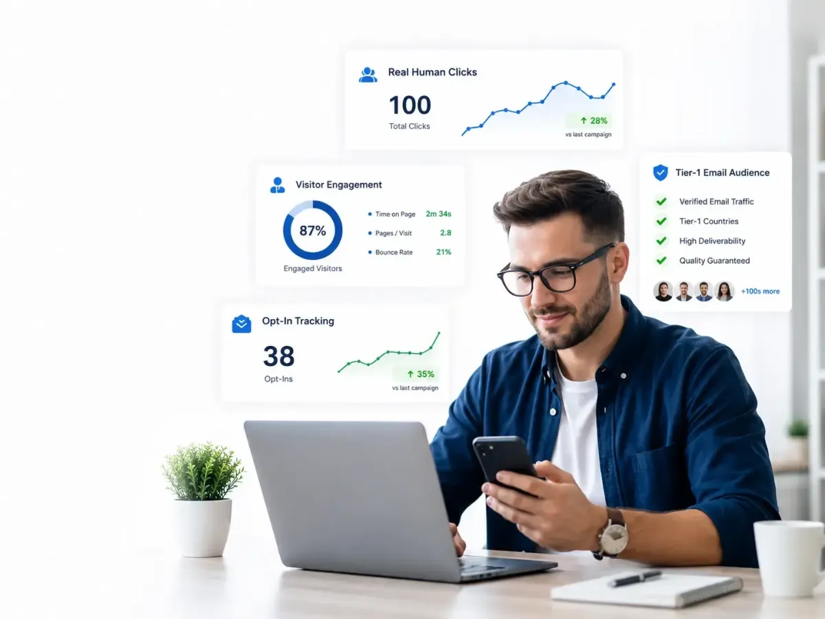 Marketer reviewing real human clicks and Tier-1 email traffic dashboard for lead generation campaign