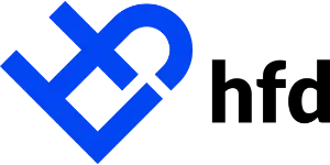 Logo for HFD with blue icon similar to a heart and black text