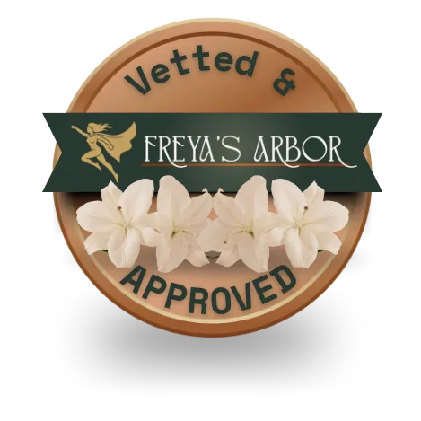 The Lily Seal of Approval branding for Freya's Arbor, featuring a heavy cast bronze medallion with an embossed white lily and a 'Vetted & Approved' ribbon against a deep, textured moss green background.
