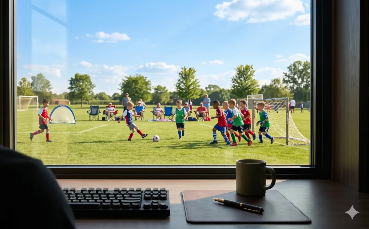 A vibrant soccer game under a blue sky, representing the freedom and family events business owners miss when trapped by manual administrative tasks.