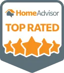HomeAdvisor Top Rated badge featuring five orange stars on a shield-shaped background.