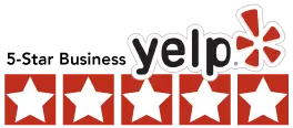 Yelp logo with five red stars indicating a 5-star rating.
