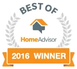 HomeAdvisor Best Of 2016 Winner badge with laurel wreath and orange ribbon.