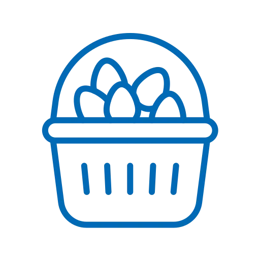 Blue line icon of a basket filled with eggs.