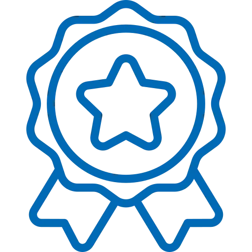 Blue line icon of an award badge with a star in the center and ribbon tails at the bottom.