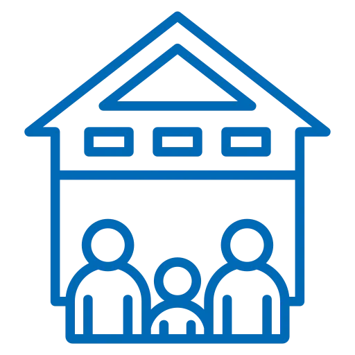 Blue line icon of a family—two adults and one child—standing inside a house.